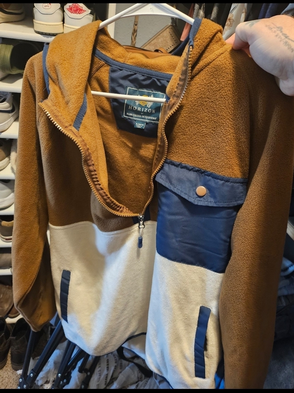 Horizon Men’s Colorblock Fleece Pullover Hoodie - Brown/Blue/Cream